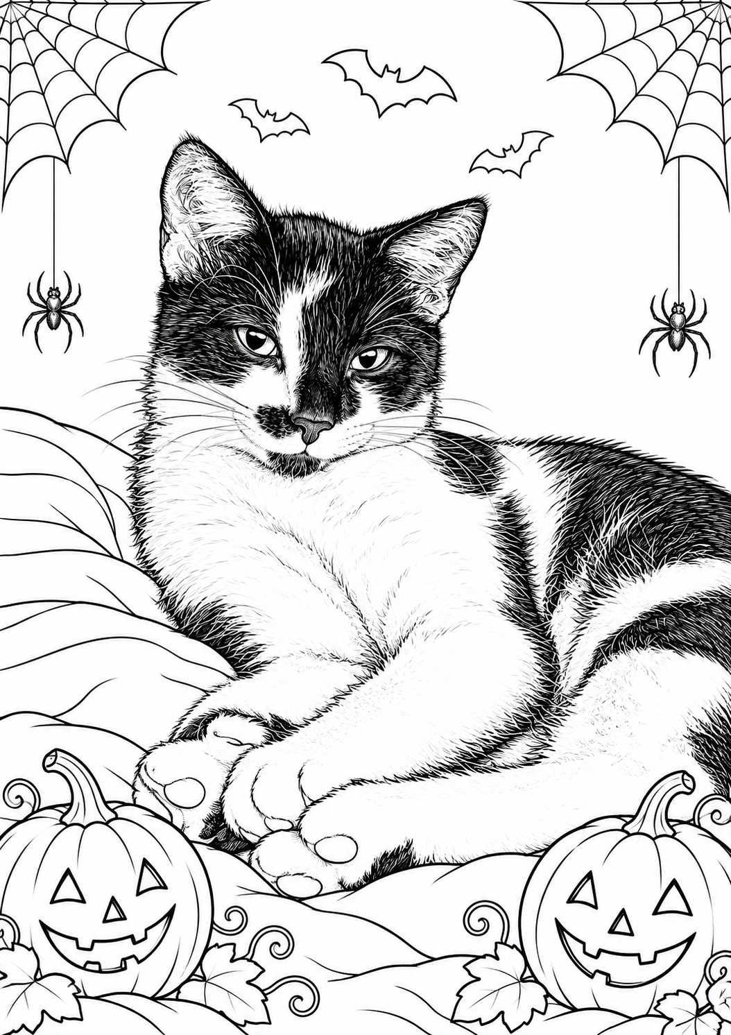 Czarno-biała halloweenowa kolorowanka przedstawiająca Fiśka z dyniami, pajęczynami, nietoperzami i pająkami